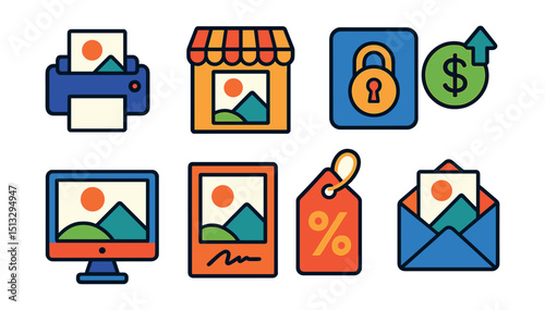 Flat vector icons of art licensing and sales: print-on-demand icon, artist store, rights management, royalty tracker, product preview, signed print, sale tag, art drop.
