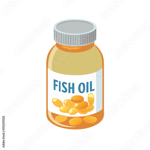Fish Oil Supplement Bottle Icon: A bottle of fish oil capsules, symbolizing health, nutrition, omega-3, and dietary supplements.