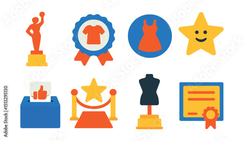 Flat vector icons of fashion awards and recognition: fashion trophy, best dressed badge, look of the year, fashion icon star, style vote, red carpet win, designer of the year, award certificate.