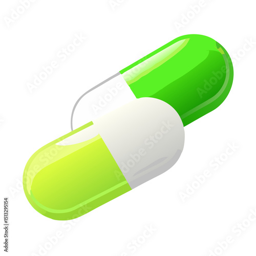 Medical Pills Capsules Icon: Two green and white pharmaceutical capsules, representing medication, health, treatment, and medical care.
