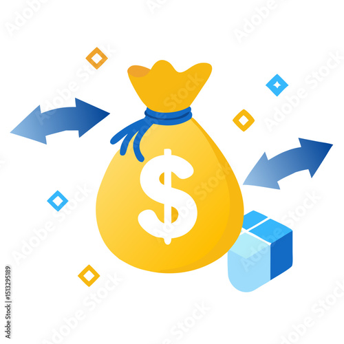 Money Bag Fund Transfer Icon: A yellow money bag with a dollar sign and arrows indicating money flow, for fund transfers and financial transactions.