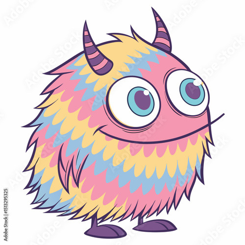 Colorful Fuzzy Monster Character Vector Illustration: Cute, Friendly Creature with Horns and Big Eyes for Kids' Designs
