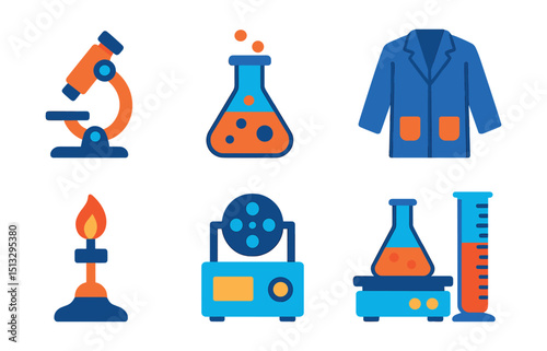 Flat vector icons of laboratory equipment: microscope, flask, petri dish, lab coat, lab burner, centrifuge, shaker table, graduated cylinder.
