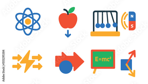 Flat vector icons of physics concepts: atom icon, gravity apple, Newton cradle, magnetism field, energy flow, motion vector, equation board, force diagram.
