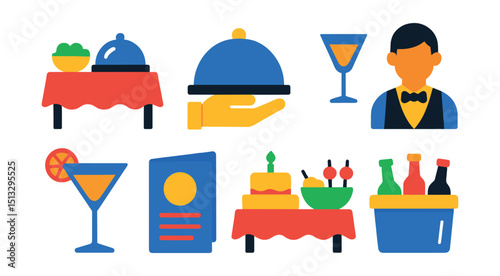 Flat vector icons of event catering: buffet table, food tray, cocktail glass, catering staff, menu card, cake table, snack station, drinks cooler.