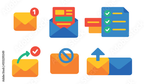 Flat vector icons of email and newsletters: email inbox, newsletter layout, subject line, email list, delivery rate, unsubscribe icon, campaign open, email icon.