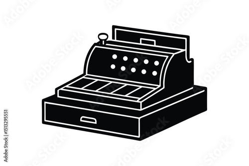 Silhouette art illustration of a classic cash register with levers and drawer.eps