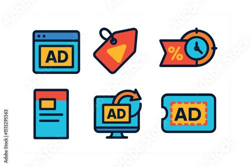 Flat vector icons of advertisements and promotions: ad slot, promo tag, discount banner, limited offer, flyer design, retargeting ad, ad placement, coupon code.