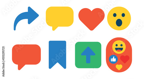 Flat vector icons of sharing and reactions: share arrow, comment icon, like heart, reaction emoji, reply bubble, save post, shared post icon, emoji menu.
