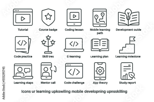 Line style icons of learning and upskilling in mobile dev: tutorial icon, course badge, coding lesson, mobile learning path, development guide, code practice, skill tree, e-learning icon, knowledge