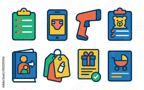 Flat vector icons of baby registry planning: checklist icon, registry app, scan gun, must-have list, new parent guide, category tags, gift tracker, registry card.