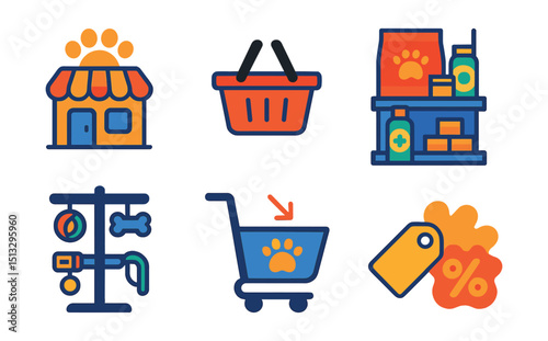 Flat vector icons of pet stores and shopping: pet store icon, shopping basket, product shelf, food aisle, accessory rack, online cart, purchase tag, discount paw print.