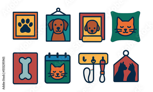 Flat vector icons of pet-themed decor: paw print wall art, custom pet portrait, dog name frame, cat-themed pillow, bone rug, themed calendar, leash rack, pet sign.