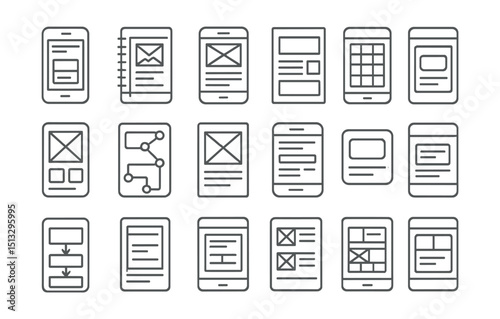 Line style icons of app design sketches and wireframes: mobile wireframe, UI sketch, concept draft, layout grid, low-fidelity screen, app sketchpad, screen structure, interface layout, wireframe
