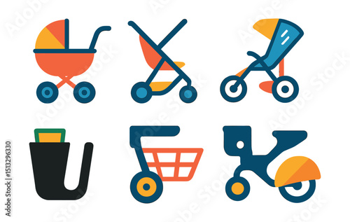 Flat vector icons of strollers and mobility: stroller icon, foldable stroller, jogging stroller, rain cover, cup holder, stroller basket, car seat adapter, sunshade.