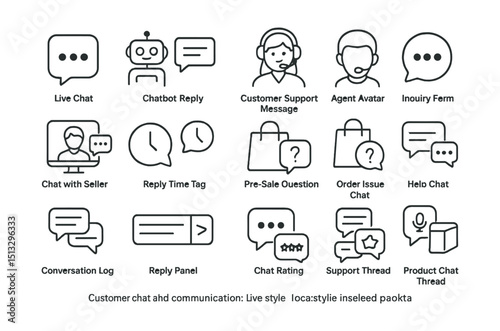 Line style icons of customer chat and communication: live chat icon, chatbot reply, customer support message, message bubble, chat with seller, reply time tag, agent avatar, inquiry form, product