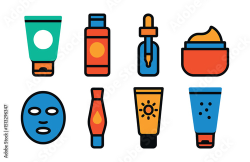 Flat vector icons of skincare routines: cleanser, toner bottle, serum dropper, moisturizer jar, face mask, eye cream, sunscreen tube, exfoliator.