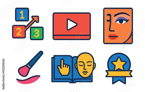 Flat vector icons of beauty tutorials and learning: step-by-step guide, video play icon, tutorial list, makeup chart, brush direction icon, how-to guide, practice face template, course badge.
