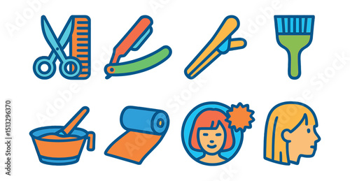 Flat vector icons of haircuts and coloring: scissors and comb, razor cut tool, hair sectioning clip, hair dye brush, color bowl, foil wrap, new look icon, haircut preview.