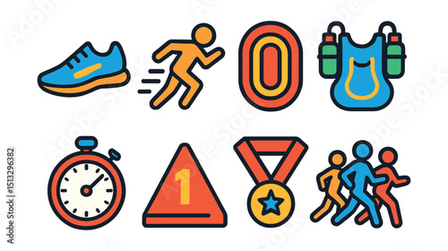 Flat vector icons of running: running shoes, sprint icon, running track, hydration pack, stopwatch icon, distance marker, marathon medal, pacing group.