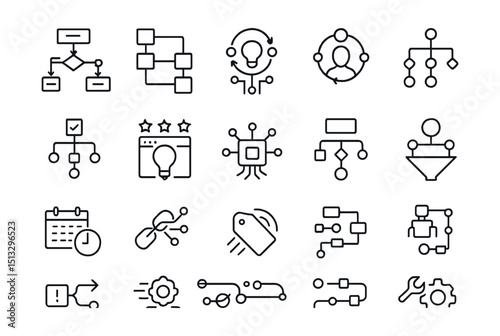 Line style icons of automation and smart workflow: rule-based logic, workflow automation, smart trigger, AI decision loop, intelligent rule, auto-suggestion, event processor, condition tree,