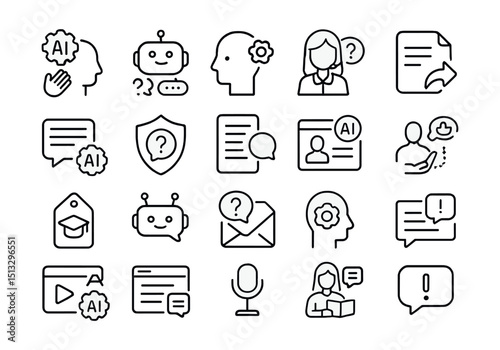 Line style icons of AI support and training help: help from AI, chatbot support, FAQ automation, smart assistant help, how-to prompt, support script, knowledge base AI, AI guidance card,