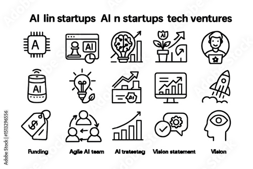 Line style icons of AI in startups and tech ventures: AI startup icon, MVP with AI, pitch deck slide, tech founder badge, early AI product, innovation sprint, AI growth plan, investor dashboard,