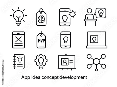 Line style icons of app idea and concept development: lightbulb icon, brainstorm tag, feature spark, app idea board, wire sketch, MVP tag, early concept, idea pitch, product note, creative input,