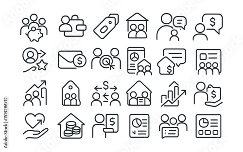 Line style icons of social and shared finance: group savings icon, shared wallet, split payment tag, joint account icon, friend referral bonus, payment request badge, financial goal with partner,