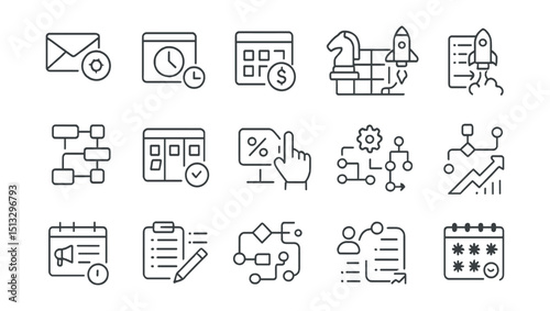 Line style icons of planning, automation, and strategy: auto email campaign, timed popup, sales planner, strategy map, launch plan, marketing workflow, planning board, scheduled discount, automation
