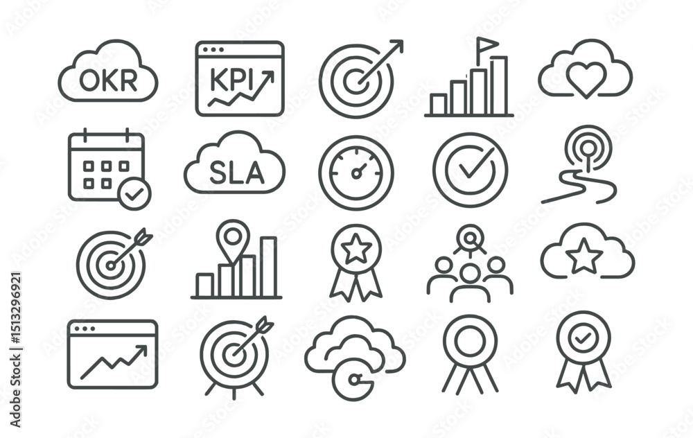 Line style icons of goal setting and performance planning: cloud OKRs, service KPI tracker, uptime target, usage milestone, cloud health metric, monthly goal icon, cloud SLA badge, performance ring, Line style icons of goal setting and performance planning: cloud OKRs, service KPI tracker, uptime target, usage milestone, cloud health metric, monthly goal icon, cloud SLA badge, performance ring,