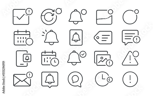 Line style icons of notifications and alerts: task alert icon, update ping badge, project bell icon, notification tile, unread marker, daily digest icon, reminder card, real-time alert tag, system
