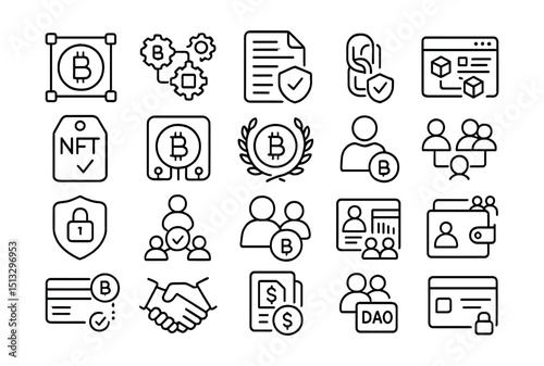Line style icons of crypto and blockchain in team projects: token tracker tile, crypto integration icon, smart contract badge, blockchain ledger view, NFT task tag, digital asset tile, crypto reward