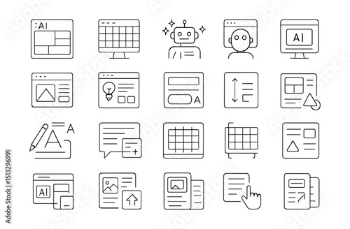 Line style icons of design and generative UI: layout by AI, smart grid system, AI color match, UI design bot, page sketch generator, brand layout suggestion, UI prompt builder, content box, font by