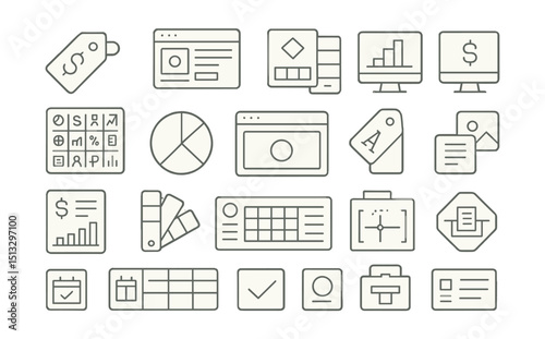 Line style icons of branding for finance tools and products: finance logo tag, branded UI, identity palette, visual finance theme, icon set branding, tone of voice chart, branded interface frame,