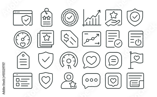 Line style icons of UX trust and long-term loyalty: trust signal icon, honest reviews tag, verified experience badge, long-term engagement graph, user-first value tile, integrity badge, loyalty meter