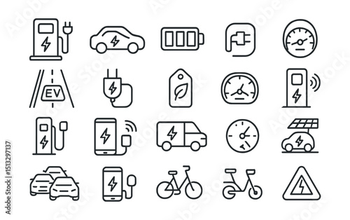 Line style icons of electric vehicles and EV infrastructure: EV charging station, electric car icon, battery range meter, charging cable, road with EV symbol, EV plug connector, green vehicle tag, EV