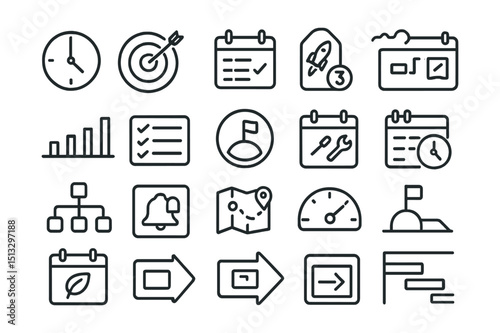 Line style icons of project deadlines and sustainability timelines: deadline clock icon, goal completion badge, due date calendar, launch countdown tag, timeline bar graph, milestone checklist,