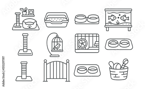 Line style icons of indoor pet care environments: pet corner setup, litter box, food + water station, small pet cage, fish tank on shelf, scratching area, bird cage stand, pet gate, feeding zone mat,