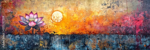 Painting of a lotus flower and sun over water with colorful sky.