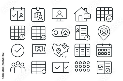 Line style icons of hybrid schedules and team presence: hybrid calendar icon, in-office badge, remote status tile, work-from-home tag, flexible week view, availability schedule icon, day-type toggle,