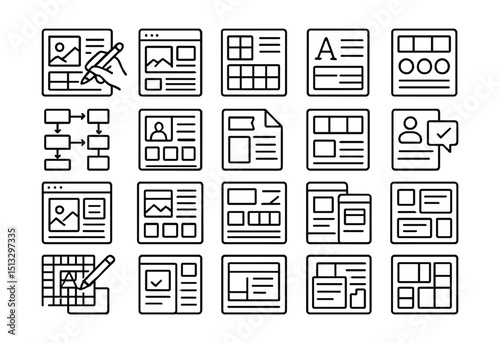 Line style icons of design and prototyping for project phases: UX sketch panel, UI layout wire, design board tile, style guide icon, interface flow tile, prototype grid, design sprint card, color
