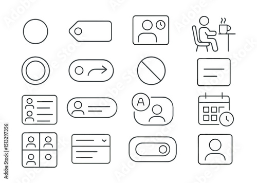 Line style icons of status updates and availability signals: status dot icon, available tag, in meeting tile, on break icon, away ring, back soon badge, DND signal, custom status tile, team status