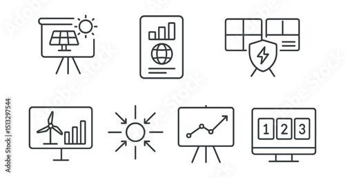 Line style icons of sustainable energy: clean energy presentation screen, impact summary slide, analytics for stakeholders badge, project deck layout, renewable pitch panel, infographics of energy