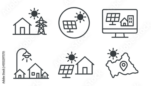 Line style icons of sustainable energy: rural electrification icon, off-grid panel system badge, mini-grid setup screen, village lighting symbol, solar home kit panel, access to energy map.