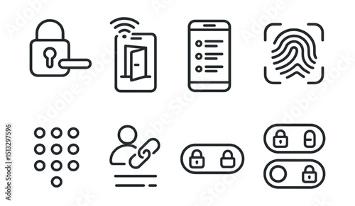 Line style icons of smart home technology: smart lock icon, mobile door control badge, access log screen, fingerprint unlock symbol, code entry keypad, guest pass link, locked/unlocked toggle status.