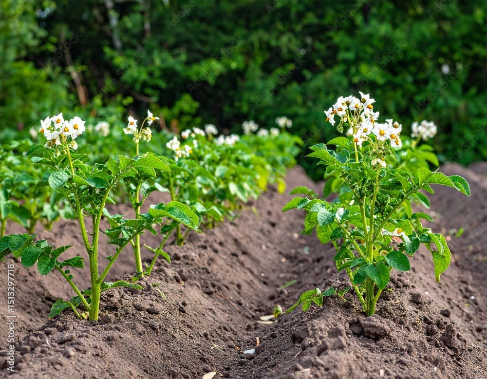 Lush farm field revealing verdant potato plants bearing white blossoms, growing in neat ridges with vigorous agricultural vitality Lush farm field revealing verdant potato plants bearing white blossoms, growing in neat ridges with vigorous agricultural vitality