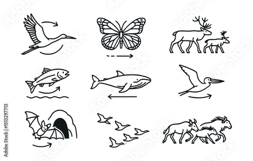 Line style icons of seasonal migration: stork flying north, monarch butterfly migration, caribou herd, salmon upstream, whale movement, Arctic tern flight, bat cave arrival, goose V-formation,