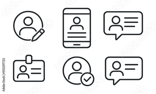 Line style icons of social media: creator bio icon, profile description screen, about me section, tag your identity badge, verified creator symbol, short intro line icon.
