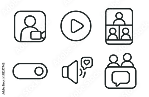 Line style icons of social media: video call in-app icon, join live session badge, group call in feed screen, voice DM toggle, speaker reaction badge, talk with followers layout.